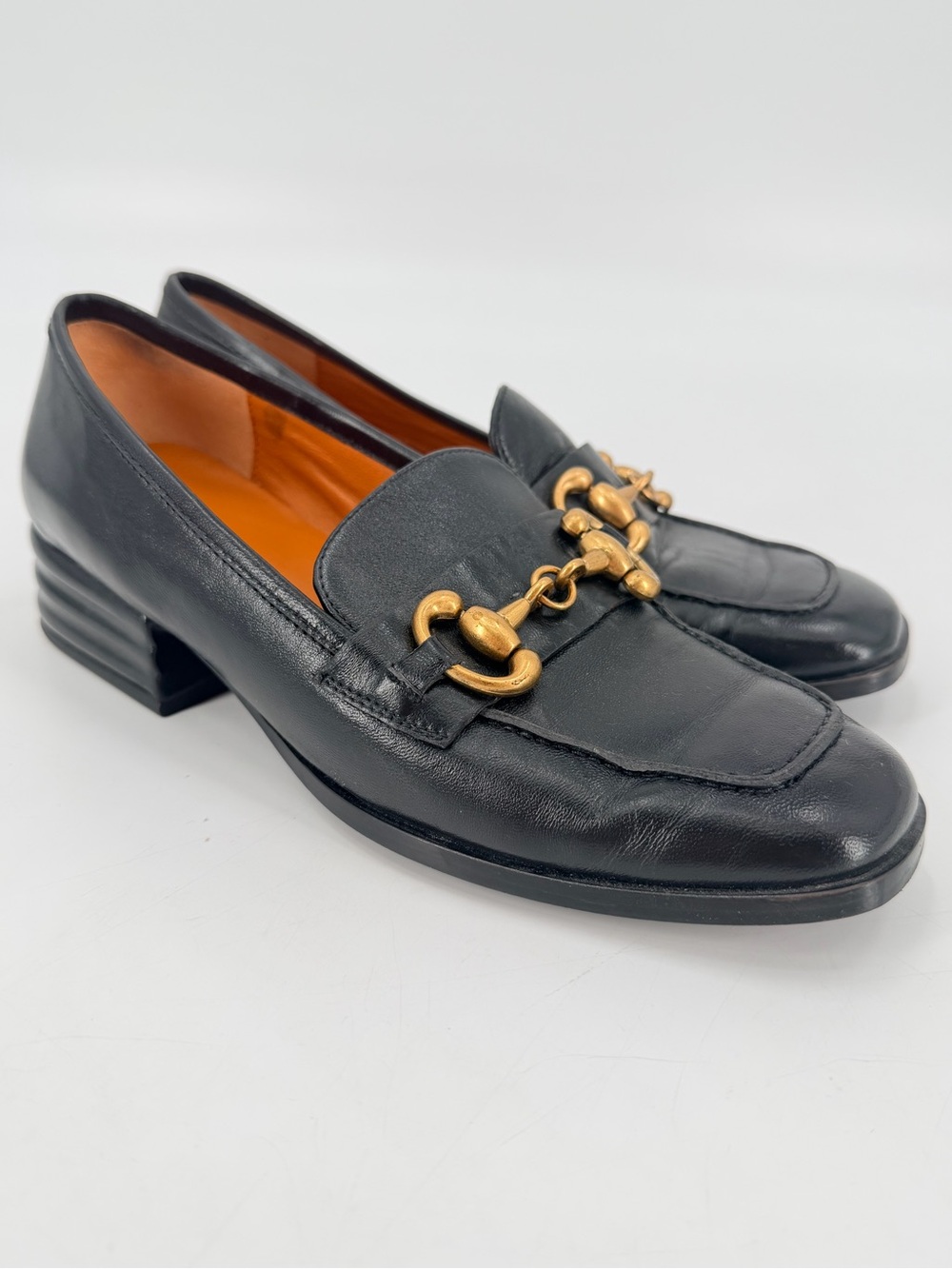Saint G Jenny Black Leather Horsebit Stacked Heel Loafers Dress Shoes 38